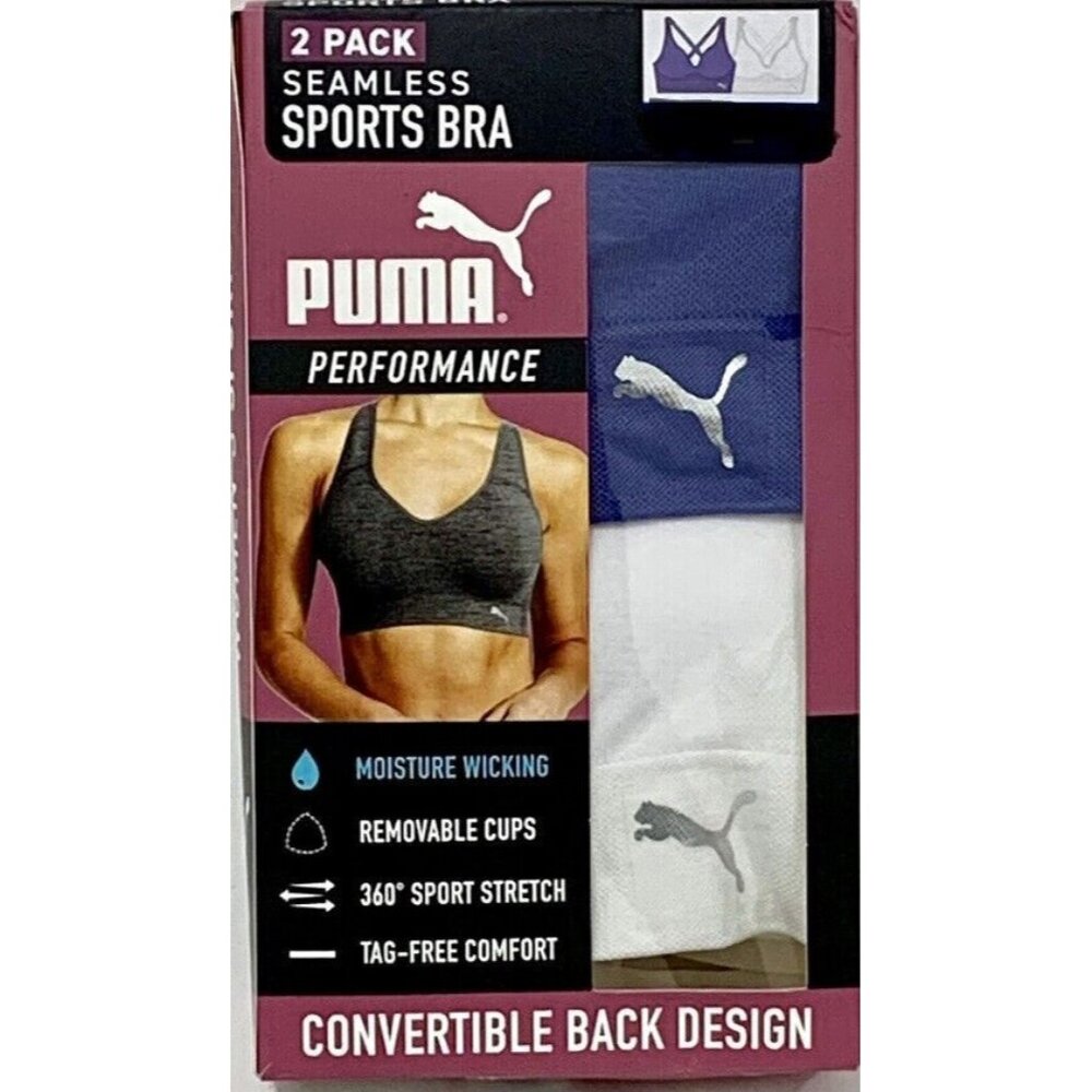 PUMA WOMEN'S CONVERTIBLE SEAMLESS 2 PACK SPORTS BRA (WHITE/BLUE, X-LARGE)